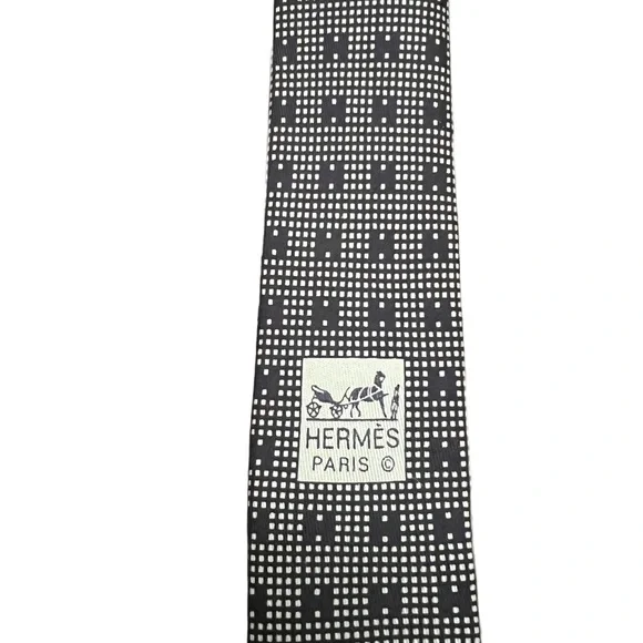 SOLD HERMÈS Authentic 100% Silk Blue H Logo Print Three Folded Hand Sewn Tie - Picture 8 of 14